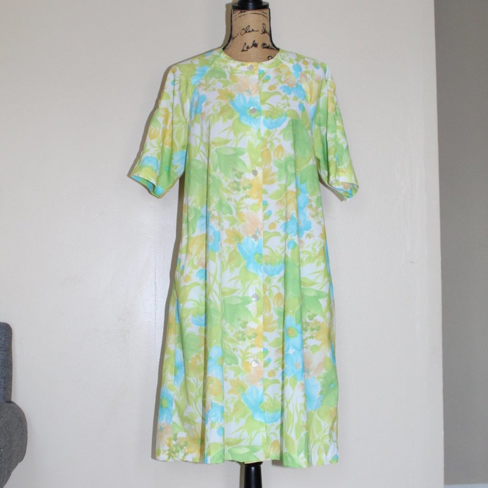 Vintage 1960s Rhapsody by Glazier Blue Green Yellow Floral House Dress Women's M